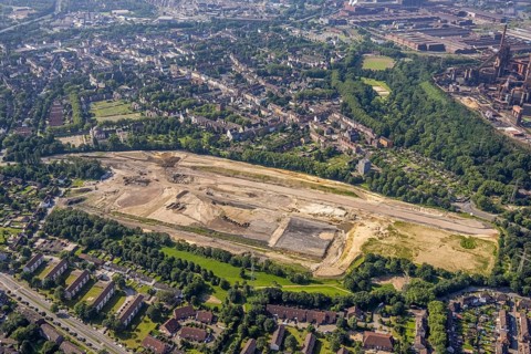 Aerial view, brownfield revitalisation commercial area Friedrich-Park, planned thoroughfare, DITIB