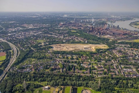 Aerial view, brownfield revitalisation commercial area Friedrich-Park, planned thoroughfare, DITIB