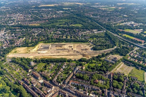 Aerial view, brownfield revitalisation commercial area Friedrich-Park, planned thoroughfare, DITIB