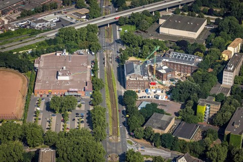 Aerial view, construction site for planned office building, former municipal swimming pool Hamborn,