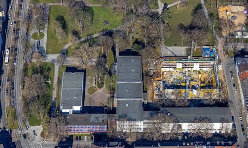 Aerial view, construction site, new building, sports hall Steinbart-Gymnasium, Dellviertel,