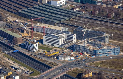 Aerial view, construction site Wuhanstraße Quartier 1, new building Duisburg City Office,
