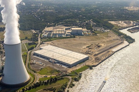 Aerial view, STEAG Walsum CHP plant, development and new warehouses logport VI, river Rhine,