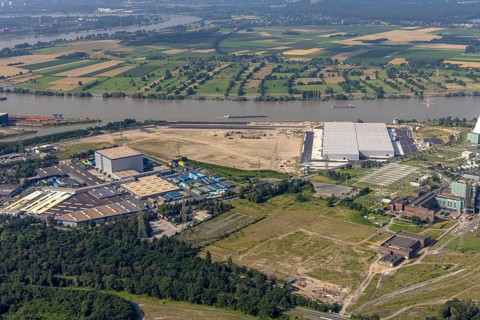 Aerial view, STEAG cogeneration plant Walsum, development and new warehouses logport VI, river