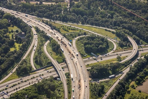 Aerial view, motorway junction Duisburg-Nord, A42 and A59, Obermeiderich, Duisburg, Ruhr area,