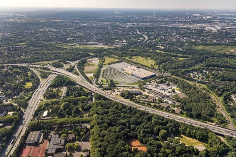 Aerial view, Ikea furniture store at Duisburg-Nord motorway junction, A42 and A59, Obermeiderich,