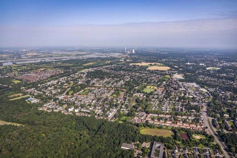 Aerial view, district Vierlinden, STEAG cogeneration plant Walsum, Duisburg, Ruhr area, North