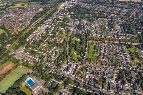 Aerial view, all-weather swimming pool Walsum and sports field Walsum 09 in the district