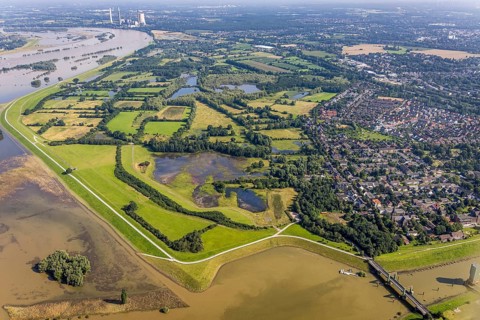 Aerial view, flood river Rhine, flooding floodplain Rhine Walsum, lift bridge Königstraße Walsum at