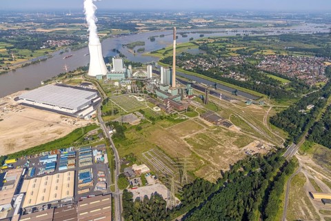 Aerial view, STEAG cogeneration plant Walsum, development and new warehouses logport VI, river