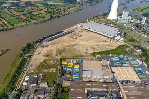 Aerial view, STEAG cogeneration plant Walsum, development and new warehouses logport VI, river