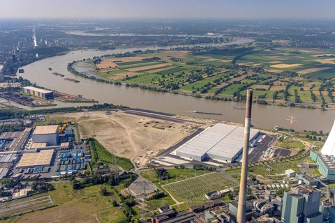 Aerial view, STEAG cogeneration plant Walsum, development and new warehouses logport VI, river