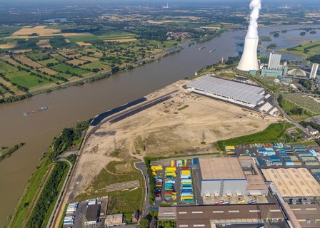 Aerial view, STEAG cogeneration plant Walsum, development and new warehouses logport VI, river