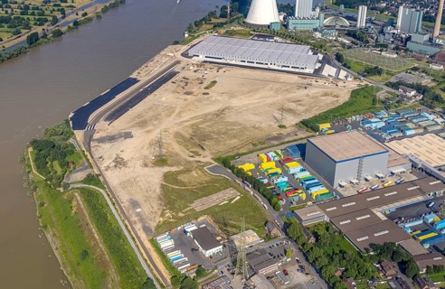 Aerial view, STEAG cogeneration plant Walsum, development and new warehouses logport VI, river