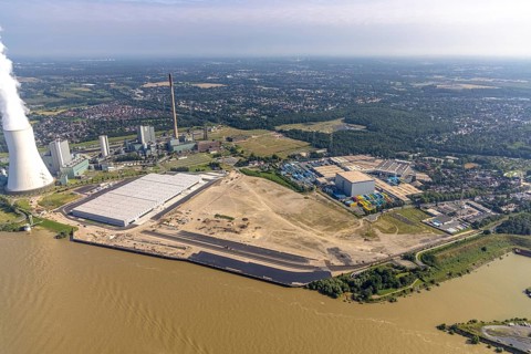 Aerial view, STEAG cogeneration plant Walsum, development and new warehouses logport VI, river
