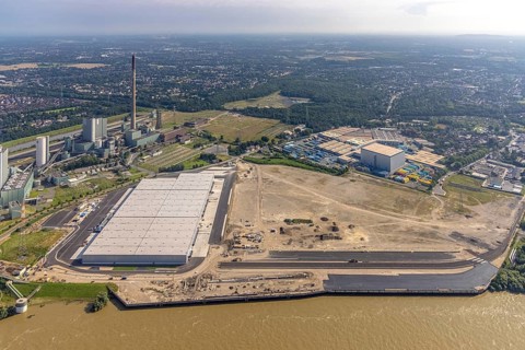 Aerial view, STEAG cogeneration plant Walsum, development and new warehouses logport VI, river