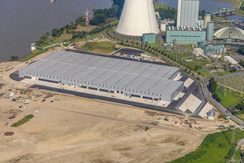 Aerial view, STEAG cogeneration plant Walsum, development and new warehouses logport VI, river