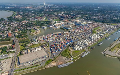 Aerial view, Ruhrort harbour, DUSS terminal, harbour canal, Ruhrort, Duisburg, Ruhr area, North