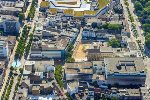 Aerial view, construction project new office building Düsseldorfer Straße at the former city