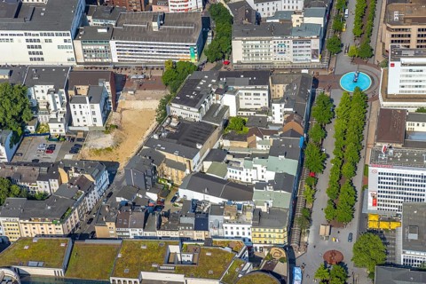 Aerial view, construction project new office building Düsseldorfer Straße at the former city