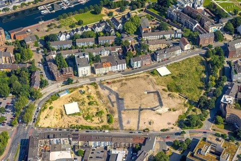 Aerial view, construction site for new Mercator Quartier Duisburg, Gutenbergstraße, Oberstraße,