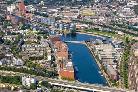Aerial view, Inner Harbour The Curve and Marina, Five Boats Houses, Landesarchiv North