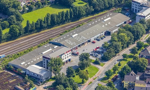 Aerial view, main fire station, fire brigade and civil defence office city of Duisburg, Duissern,