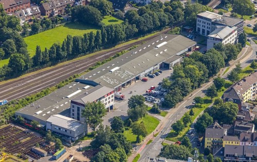 Aerial view, main fire station, fire brigade and civil defence office city of Duisburg, Duissern,