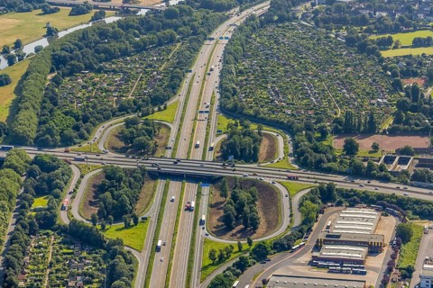Aerial view, motorway junction Duisburg, A40 and A59, allotment garden association Duissern,