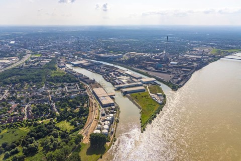 Aerial view, outer harbour and parallel harbour, river Rhine, Neuenkamp, Duisburg, Ruhr area, North
