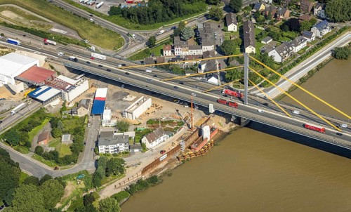 Aerial view, construction site at the A40 Rhine bridge Neuenkamp, river Rhine, Alt-Homberg,