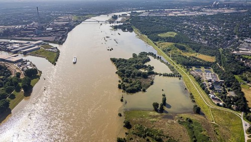 Aerial view, flood river Rhine, entrance to the outer harbour, flooding Rheinwiesen Rheinhausen and