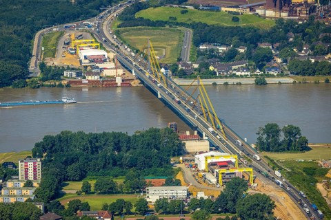 Aerial view, construction site at the A40 Rhine bridge Neuenkamp, river Rhine, Alt-Homberg,