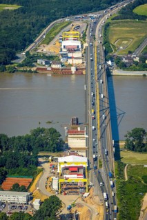 Aerial view, construction site at the A40 Rhine bridge Neuenkamp, river Rhine, Alt-Homberg,