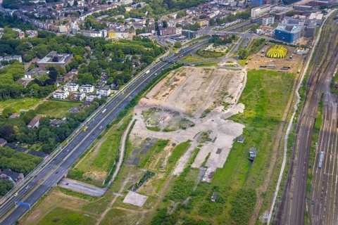Aerial view, site Alter Güterbahnhof, Duisburger Freiheit, design name Duisburger Dünen,