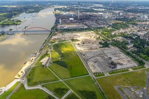 Aerial view, construction area Wörthstraße, new building quarter RHEINORT, Rheinpark Duisburg,