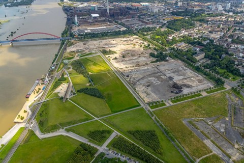 Aerial view, construction area Wörthstraße, new building quarter RHEINORT, Rheinpark Duisburg,
