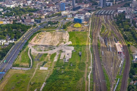 Aerial view, site Alter Güterbahnhof, Duisburger Freiheit, design name Duisburger Dünen,