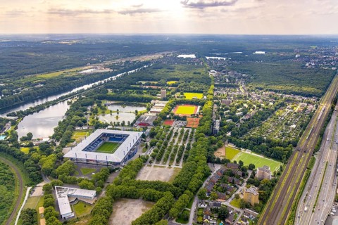 Aerial view, Sportpark Duisburg with Schauinsland-Reisen-Arena and sports school Wedau, regatta