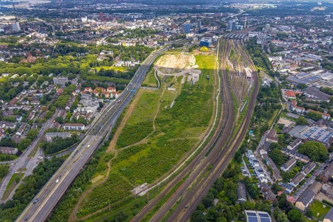 Aerial view, site Alter Güterbahnhof, Duisburger Freiheit, design name Duisburger Dünen,