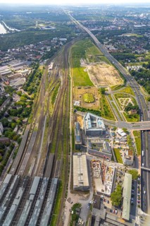 Aerial view, area old goods station, Duisburger Freiheit, design name Duisburger Dünen,