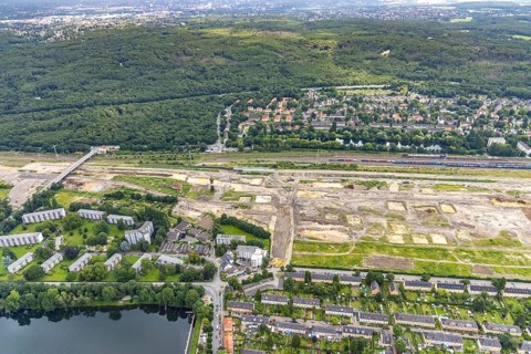 Aerial view, former marshalling yard Wedau, planned new Duisburg residential quarter, Wedau,