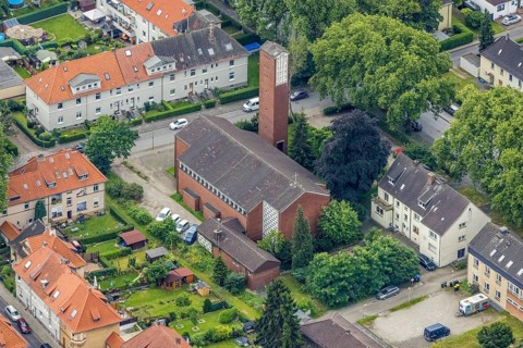 Aerial view, catholic church St. Joseph, Wedau, Duisburg, Ruhr area, North Rhine-Westphalia,