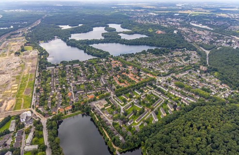 Aerial view, 6-Seen-Platte, residential area Wedauer Straße, Kalkweg, Wedau, Duisburg, Ruhr area,