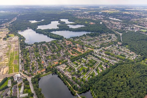 Aerial view, 6-Seen-Platte, residential area Wedauer Straße, Kalkweg, Wedau, Duisburg, Ruhr area,