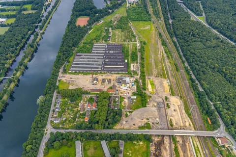 Aerial view, construction site at the repair works Wedau, Werkstättenstraße, Wedau, Duisburg, Ruhr