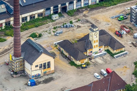 Aerial view, construction site at the repair works Wedau, Werkstättenstraße, Wedau, Duisburg, Ruhr