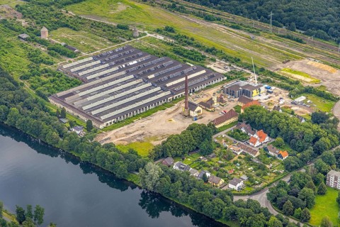 Aerial view, construction site at the repair works Wedau, Werkstättenstraße, Wedau, Duisburg, Ruhr