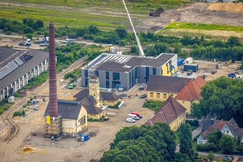 Aerial view, construction site at the repair works Wedau, Werkstättenstraße, Wedau, Duisburg, Ruhr