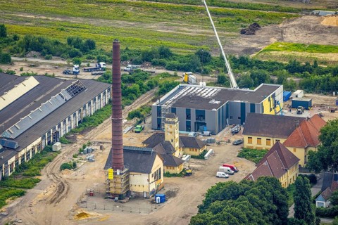 Aerial view, construction site at the repair works Wedau, Werkstättenstraße, Wedau, Duisburg, Ruhr